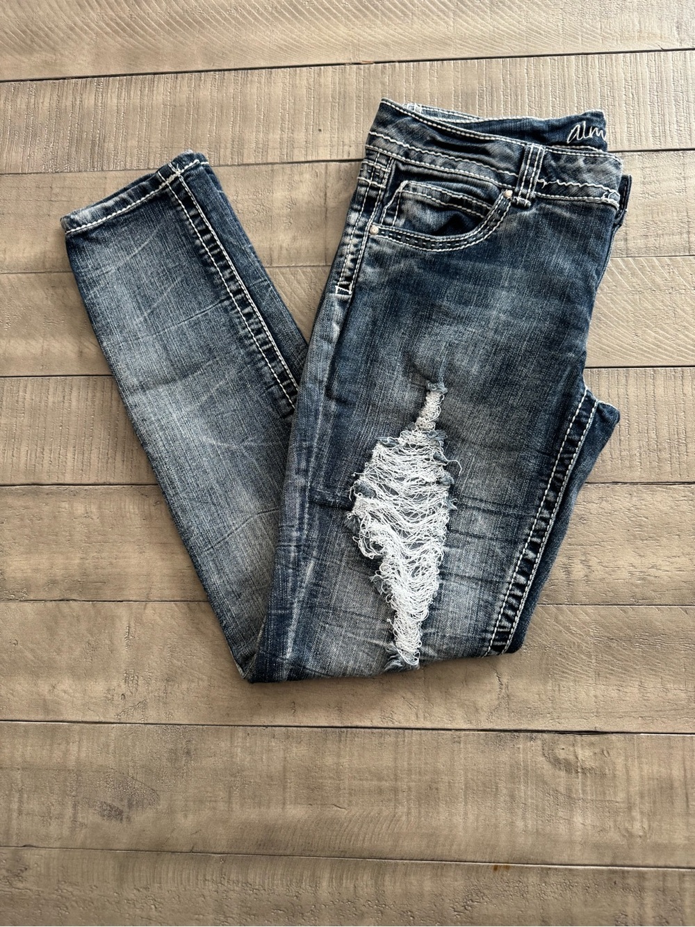 Almost Famous Distressed Skinny Jeans in Dark Blue Wash